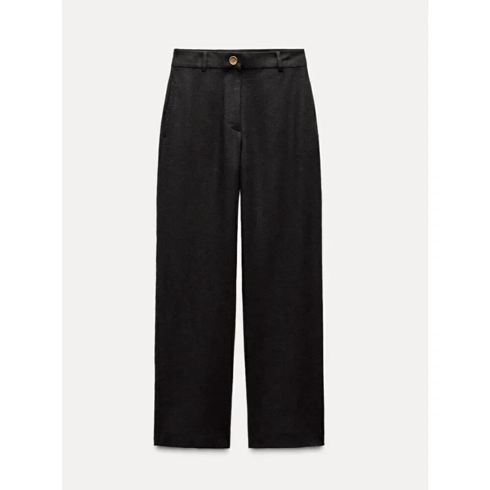 Zara Women Dress Pants Size S Black Wide Leg Linen Blend Flat Front 8017/369 NWT